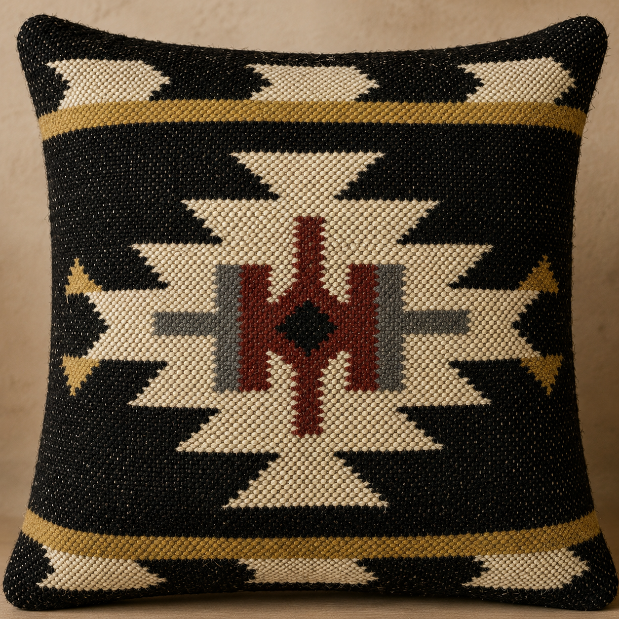 Geometric X-Pattern Cushion Cover – Black, Ivory & Mustard